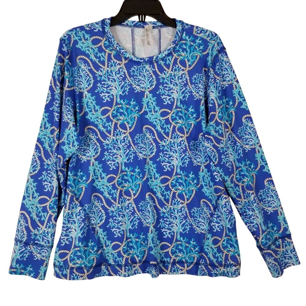 Lulu-B Womens XL Blue‎ Coral Rope Print Long Sleeve Sun Shirt Nautical Top